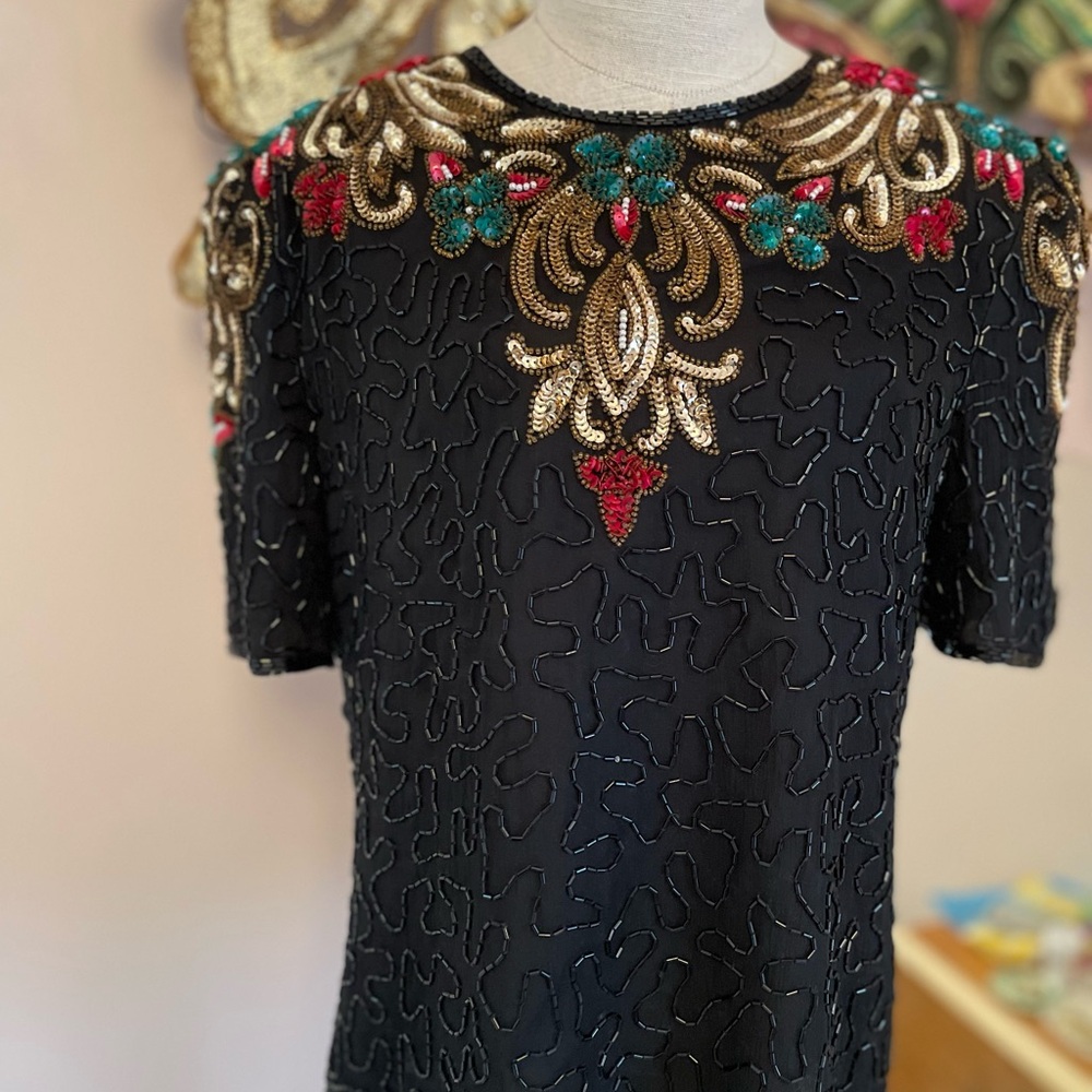 Scala Black Silk Blouse with Gold and Red Embellishments